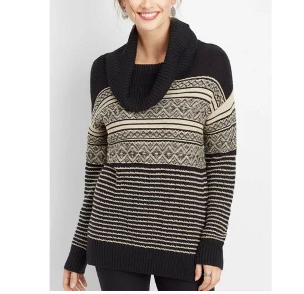 Maurices Patterned Cowl Neck Tunic Sweater Black Cream Geometric size XXL